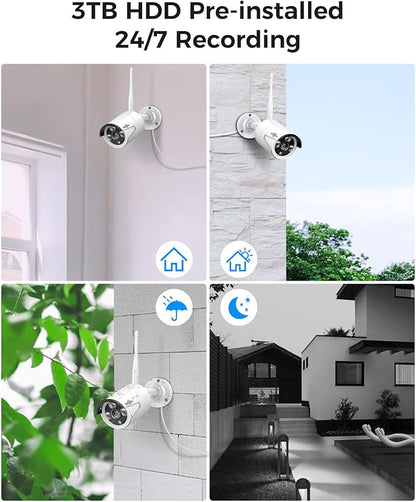 [16CH Expandable] Hiseeu Home Security System, 2.4G/5G Wireless WiFi Pro, 4K NVR with 12" LCD Monitor, 5MP Plug-in Powered Outdoor Bullet Cameras, 24/7 Recording, 3TB HDD, Night Vision, IP65