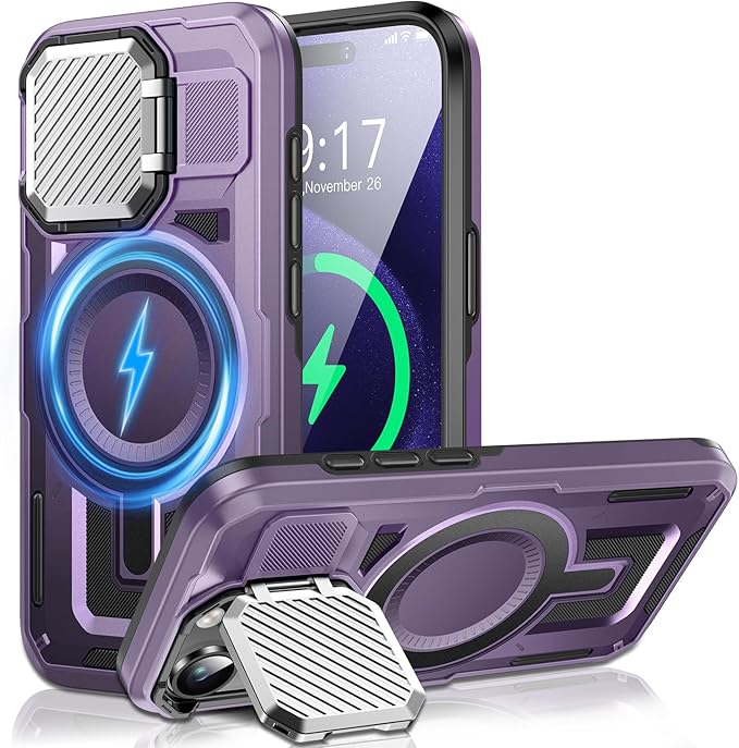 Camera Stand Case for iPhone 15 Pro, [Compatible with Mag Safe] [Lens Cover] 2024 Version Military Grade Protective Soft Case for iPhone 15 Pro 6.1 inch Men Women, Purple