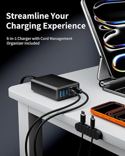 USB C Fast Charger, 105W GaN 6-Port Desktop USB Charging Station Hub, USB C Charger Block Wall Charger for iPhone 17/16/15/14/13/12/11, iPad, Samsung and More (Cable Organizer Included)