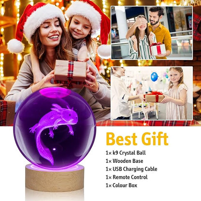 LQYHZCZQ 3D Axolotl Crystal Ball Night Light with 16 Color LED Wooden Base with Remote Control, 3.15 Inch Crystal Ball Night Light
