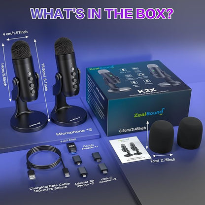 ZealSound Podcast Microphone, Podcast Equipment Bundle for iPhone PC iPad Android, Dual Wireless USB Mic 2.4GHz with Noise Reduction, Tap to Mute, Monitor Gain for Streaming, Recording, YouTube,TikTok