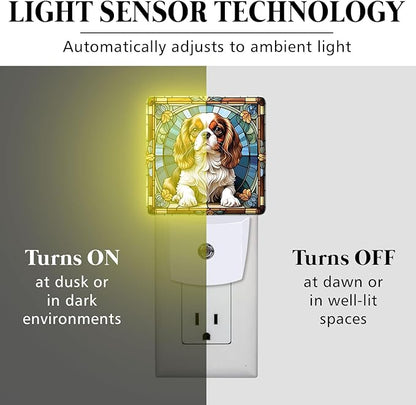 PODMemory Cavalier King Charles Spaniel Stained Glass Night Lights Plug into Wall for Room, Cavalier King Charles Spaniel Night Light LED for Bedroom