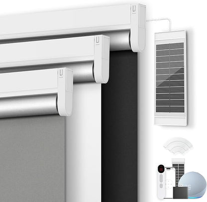 Motorized Roller Blinds with Remote Control & Solar Panel - 100% Blackout Smart Blinds, Automatic, Cordless, Electric Shades - Compatible with Alexa - Grey, 24" W x 72" H