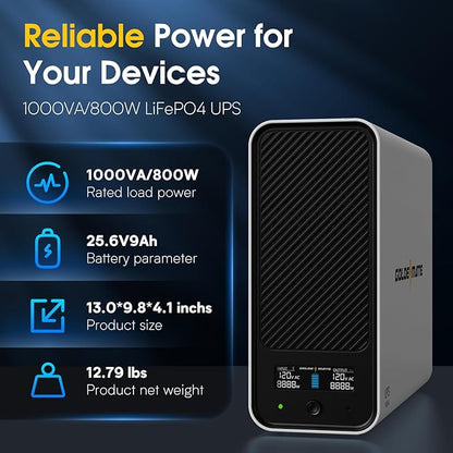 GOLDENMATE 1000VA/800W Lithium UPS Battery Backup and Surge Protector, Backup Battery Power Supply with LiFePO4 Batteries(230.4 Wh), Sinewave UPS System, 10 Years Lifespan, 8 Outlets, LCD Display
