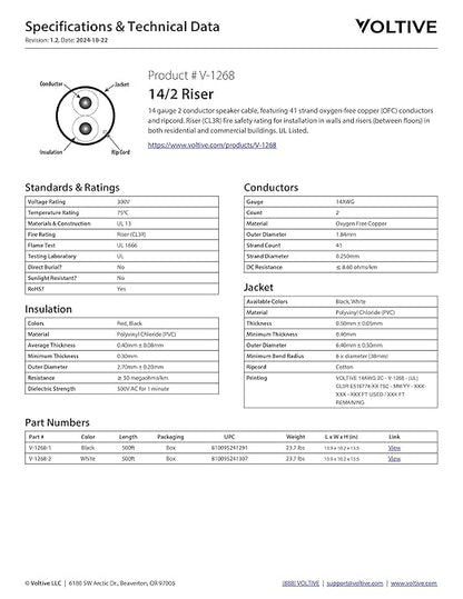 Voltive 14/2 Speaker Wire, Riser CL3R, White, 500ft - 14AWG, 2 Conductors, Stranded Oxygen-Free Copper, UL Listed - V-1268-2