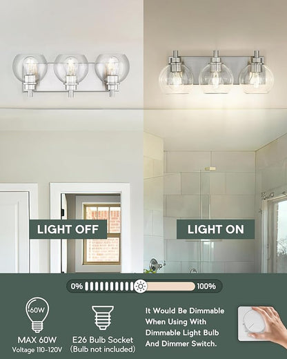 METWET Bathroom Light Fixtures, 3-Light Brushed Nickel Vanity Light, Modern Wall Sconces with Globe Clear Glass Shade, Vanity Lighting Fixtures Over Mirror, VL195-BN-CL-3