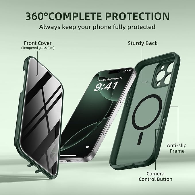 BERFY Magnetic for iPhone 16 Pro Case, Compatible with MagSafe, Built-in Privacy Screen Protector and Upgraded Camera Protection, Anti-Spy Full Body Shockproof Phone Case for 16 Pro 6.3", Green