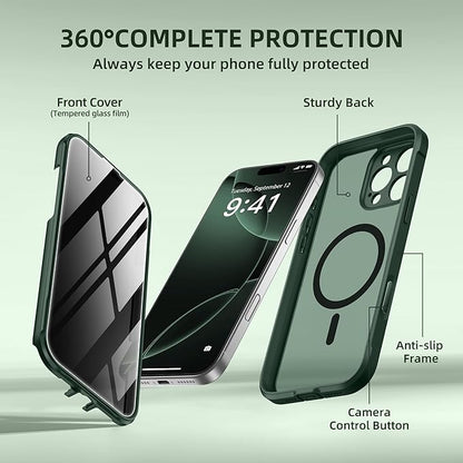 BERFY Magnetic for iPhone 16 Pro Case, Compatible with MagSafe, Built-in Privacy Screen Protector and Upgraded Camera Protection, Anti-Spy Full Body Shockproof Phone Case for 16 Pro 6.3", Green