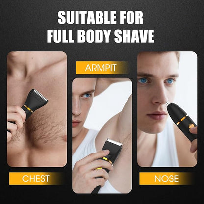 Qreeyx Manscape Body Trimmer for Men, 3 in 1 Men's Grooming Kit with Pubic/Nose Hair Trimmer & Ball Shaver for Nose/Balls/Groin/Legs/Chest Hair Removal, LED Display, IPX6 Waterproof, Gifts for Him Dad
