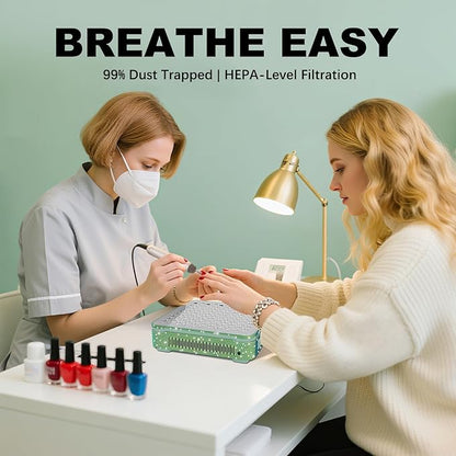 Nail Dust Collector | 1000PA Gel Nail Dust Collector | 10 Speed Levels | Low Noise & Strong Suction | Reusable Filter, 10 Pads + Nail Dust Brush | for Acrylic Nails, Salon & Home - Dark Green Diamond