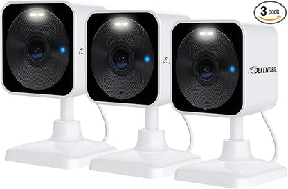 Defender GO 2K AI Powered WiFi Indoor/Outdoor Home, Business, Pet, Baby Security Camera, AI Detection, Dual Band, Spotlight/Siren, Color Night Vision, 2-Way Talk, Works with ClearVu App, 3 Pack