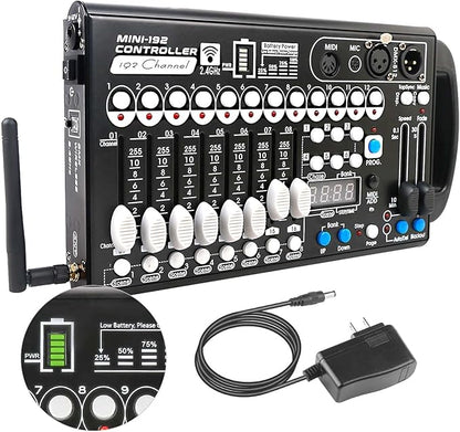 Battery DMX Controller Wireless with MIDI, DMX Board 512 Light Controller for Dj Lights, Dmx512 Lighting Console 192ch with Built-in Battery for Control Stage Light