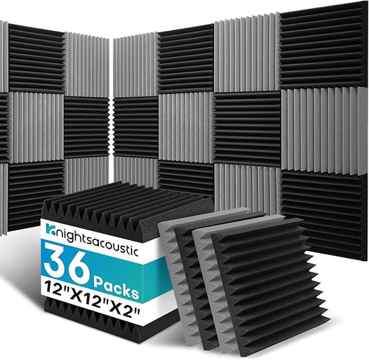 36 Pack Sound Proof Foam Panels for Walls, 2 X 12 X 12 Inches Acoustic Foam Panels, High Density Acoustic Panels Sound Absorbing, Noise Cancelling Studio Wedges, Black + Grey (NOT INCLUDE ADHESIVE)