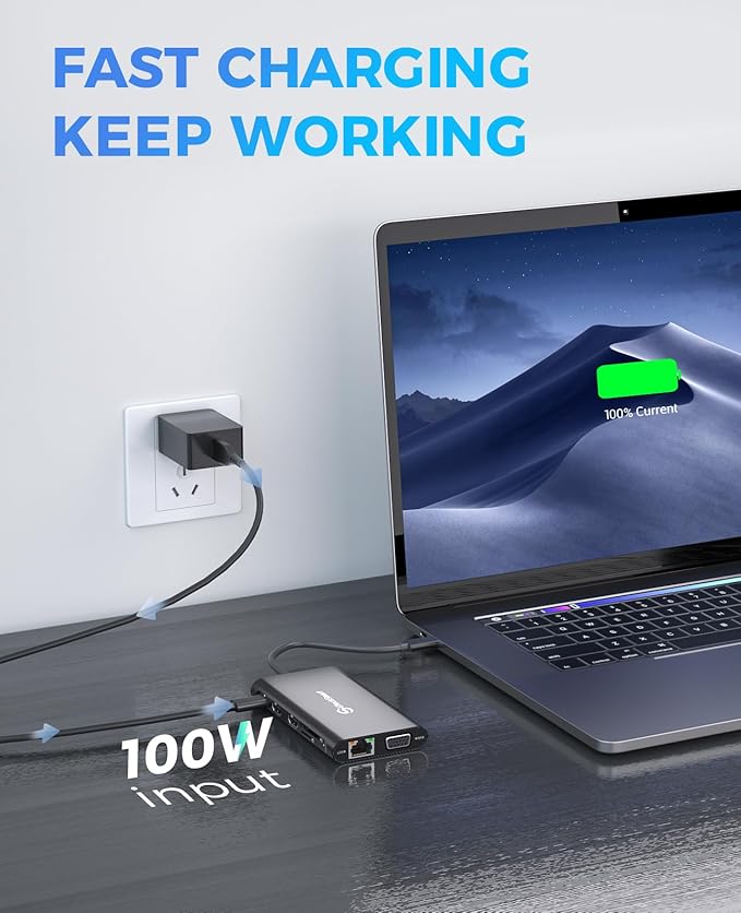 UtechSmart Triple Monitor USB-C Laptop Docking Station - 11-in-1 Dock with 2 HDMI, VGA, PD3.0, SD/TF Card Slot, 4 USB Ports - Compatible with MacBook & Windows (Black)