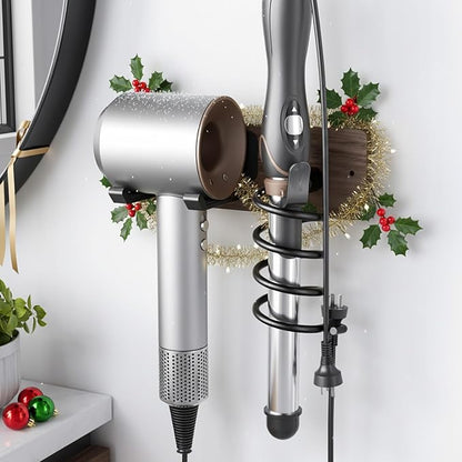 Tindbea Hair Dryer Holder Curling Iron Holder, Blow Dryer Holder Wall Mount, Bathroom Hair Tool Organizer Rack for Universal Dryer, Walnut Matte Black