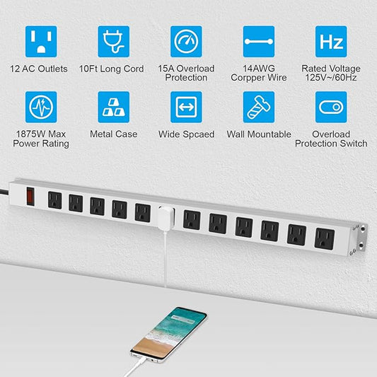 JUNNUJ Metal 12 Outlet Power Strip, Mountable Heavy Duty Power Strip, 1200J Surge Protector Wall Mount Screws Outlet with Switch, Gaming Desk Strips Wide Spaced 15A 125V 1875W, 10 FT 14AWG Power Cord