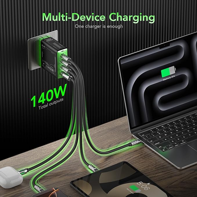 Mfish 140W USB C Charger, 4-Port GaN Charger Block, Foldable Fast Laptop Charger Power Adapter for MacBook Pro/Air, iPad Pro, iPhone 16 Pro, Galaxy S25/S24, Steam Deck, Google Pixelbook, and Tablet