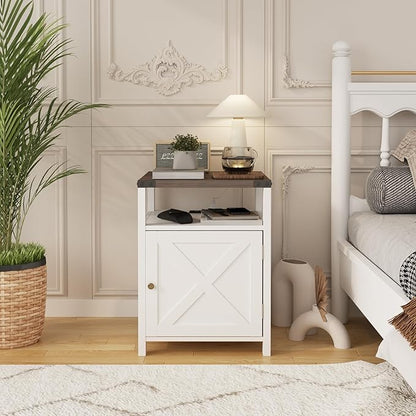 HOSEOKA Farmhouse Nightstand Set of 2 with Charging Station, Rustic End Table Bedroom with Storage Living Room Side Table White Night Stand Industrial Bedside Bed Table with USB Ports and Outlets