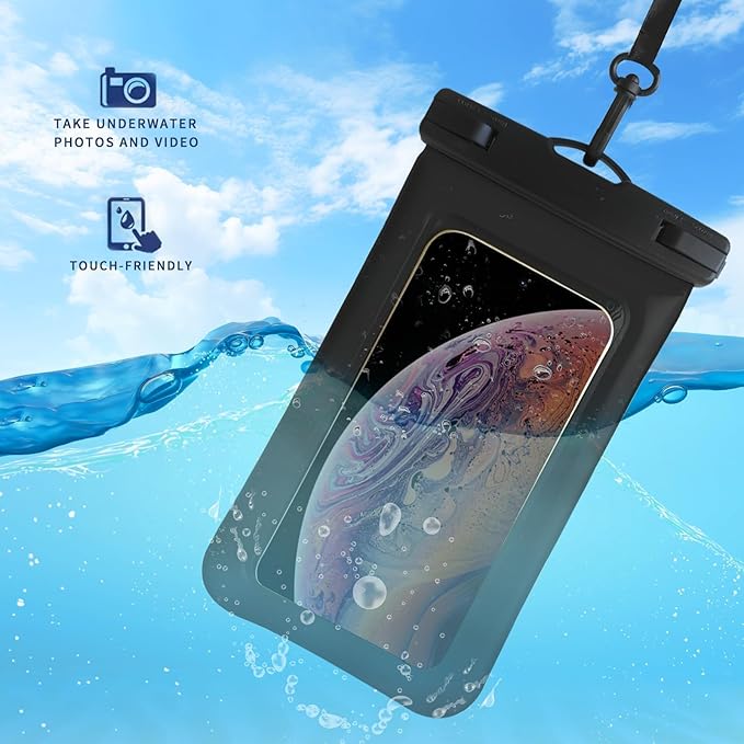 Floatable Waterproof Phone Pouch Case 2 Pax for iPhone 16 Pro Max/15/14/13/12, IP68 Travel Cellphone Dry Bag Beach Cruise Ship Essentials Bags with Crossbody Lanyard,Blue and Black-7″