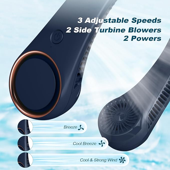 CIVPOWER Neck Fan: Portable Personal Neck Cooling Rechargeable Bladeless Fan - Hands Free 3 Speed 4000 mAh Battery USB Operated Wearable Headphone Design - for Men Women Outdoor Indoor (Dark Blue)