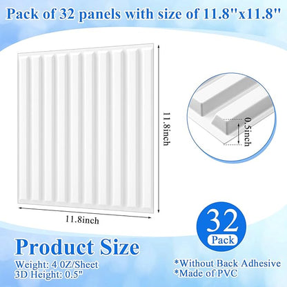Nuanchu 32 Pcs 3D Slat Wall Panels 12 x 12 Inch PVC Fluted Textured Panel Cuttable Paintable DIY Wall Art Decorative Tiles for Ceiling Studio Bathroom Interior TV Background (White)