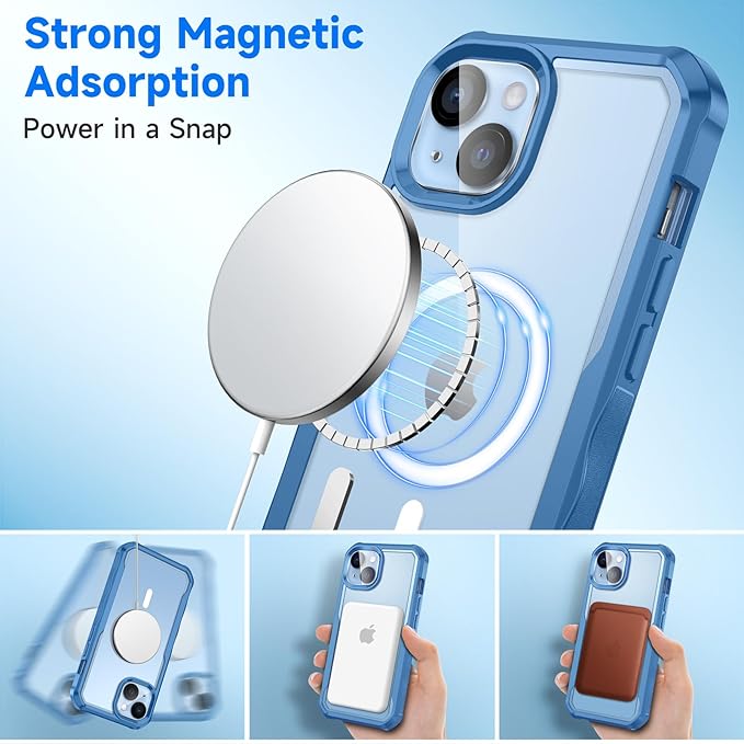 seacosmo for iPhone 14 Plus Case, Full Body Bumper with Built-in 9H Tempered Glass Privacy Screen and Camera Lens Protector, Compatible with MagSafe, Shockproof 14 Plus Phone Case, 6.7", Blue