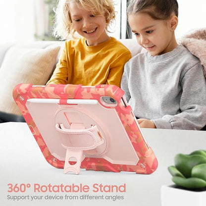 SCSVPN Kids Case for iPad (A16) 11th/10th Generation 11/10.9 inch 2025/2022, Shockproof Rugged Cute Rainbow Cover for iPad 11/10 with Pencil Holder, 360 Rotating Stand, Hand/Shoulder Strap, Camo Pink