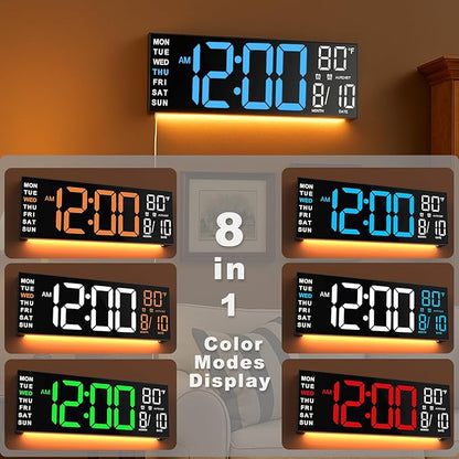 TrophyRak 16" Large Digital Wall Mount Clock, Count Down Timer, Alarm, Big LED, RGB Color, DST, Temperature for Living Room Classroom Desk, Wall, Xmas, Birthday Gift for Senior Mom Dad, Blue White