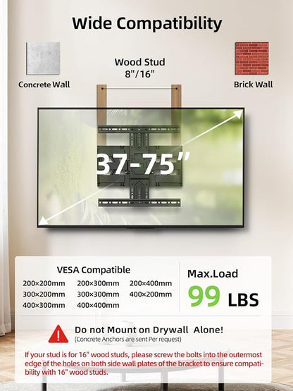 USX MOUNT Ultra Slim TV Wall Mount 37-75 Inch TVs Mount with Swivel and Tilt, Low Profile Full Motion Bracket with Articulating Dual Arms, Up to VESA 400X400 mm Max 16" Wood Studs, Holds 99lbs