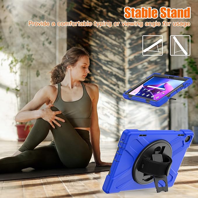 Junfire Shockproof Case for Lenovo Tab M10 3rd Gen 10.1 inch 2022, Heavy Duty Rugged Case with Hand Strap/360°Rotating Kickstand/Shoulder Belt for TB-326FU/TB-328XU,Blue