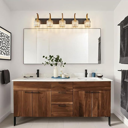 FDPBY 5-Light Crystal Vanity Light, Modern Black Gold Bathroom Wall Sconce with K9 Crystal Shades, 42.51" Long Over Mirror Lighting for Vanity, Makeup, Hallway, Elegant & Easy Installation