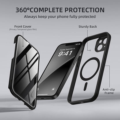 BERFY Magnetic for iPhone 14 Case, Compatible with MagSafe, Built-in Privacy Screen Protector and Upgraded Camera Protection, Anti-Spy Full Body Shockproof Phone Case for 14 6.1", Black