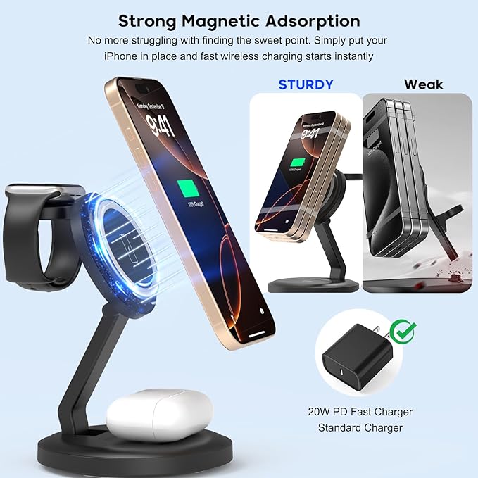 Charging Station, 3 in 1 Foldable Wireless Charger iPhone Charging Station Charger Stand Multiple Devices for Apple, with PD Adapter and USB C Cable for iPhone 16 15 14 Pro & iWatch&AirPods All Series