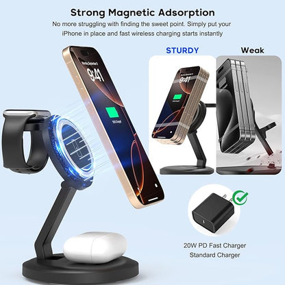 Charging Station, 3 in 1 Foldable Wireless Charger iPhone Charging Station Charger Stand Multiple Devices for Apple, with PD Adapter and USB C Cable for iPhone 16 15 14 Pro & iWatch&AirPods All Series