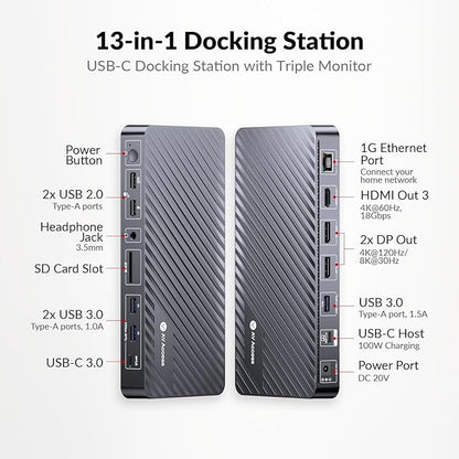 AV Access Docking Station 3 Monitors, 8K@30Hz Single Display, Triple 4K Display (2DP/1HDMI), USB-C Dock with 100W Laptop Charging, 10Gbps USB-C/A, Ethernet, Audio, SD, for MacBook/Chrome/Dell/HP