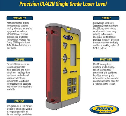 Spectra Precision CR700 Combination Laser Receiver with Rod Clamp and Magnetic Mount – IP67 Waterproof Digital Readout, 5-in Detection, 200° Reception, Radio Capability
