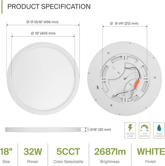 ASD LED 18" Round Flush Mount Ceiling Light Fixture, Low Profile Surface Lighting | 5CCT, Dimmable, Ultra-Thin, ETL Listed | 32W 2600LM 2700-6000K 100-277V | Kitchen, Bedroom, Hallway Lamp | White