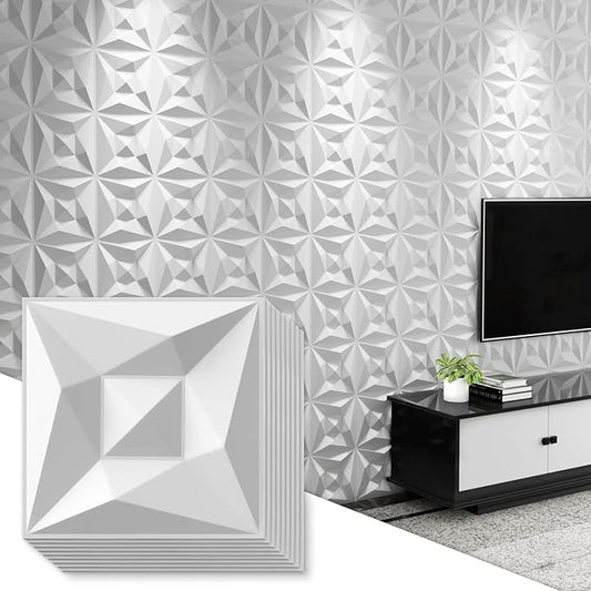 Greymond White PVC 3D Wall Panels, 33 Pack 11.8''x11.8''Geometric Design for Modern Home Decor Upgrade, Textured Tile Decorative & Paintable for Living Room Lobby Bedroom Hotel Office
