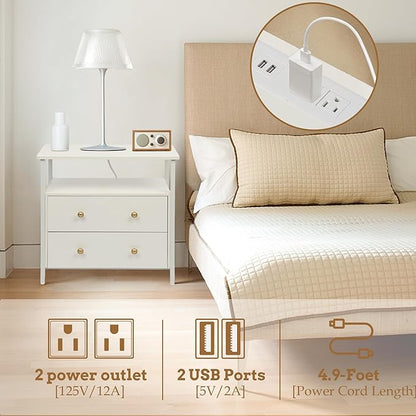 Edbuosy 27 inch Wide Night Stand with Charging Station, Bedside Table with Open Shelf, 2 Drawers Small Wood Dresser, Modern Wood Nightstand for Bedroom/Living Room (White)