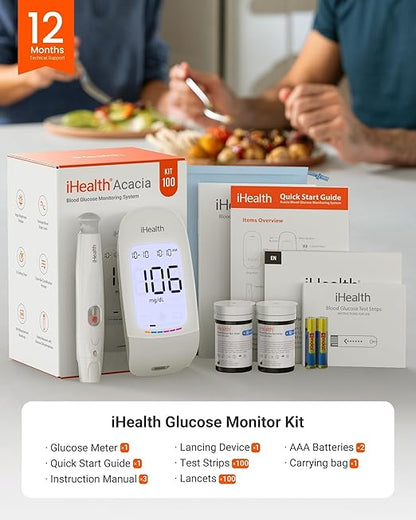 iHealth Acacia Blood Glucose Monitor Kit, 100 Glucometer Strips, 100 Lancets, 1 Blood Sugar Monitor, 1 Lancing Device, 1 Travel Bag, No Coding, Portable Blood Sugar Testing Kit, Diabetes Testing