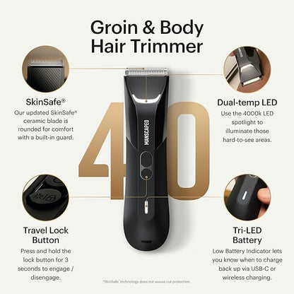 MANSCAPED® The Lawn Mower® 4.0 PRO - Groin & Body Hair Trimmer, Updated SkinSafe® Trimmer Blade, Waterproof Wet/Dry Groomer, USB-C & Wireless Charging Compatible, Men’s Ball Shaver with Travel Lock