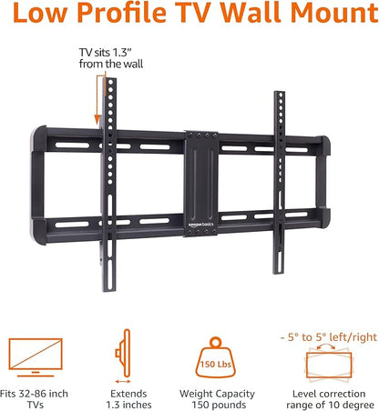 Amazon Basics Low Profile TV Wall Mount with Horizontal Post Installation Leveling for 32 to 86 inch TVs, Black
