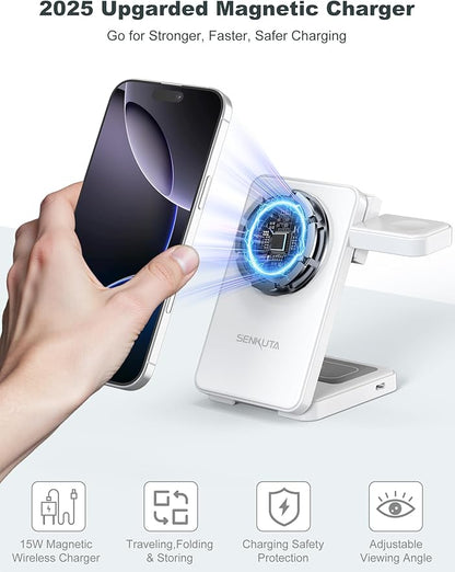 2025 Upgraded Wireless Charger for Apple: 3 in 1 Charging Station Foldable Fast for Apple iPhone 16/15/14/13/12 Max Plus Series - Portable Travel Charger for Apple Watch/Airpods Pro (White)