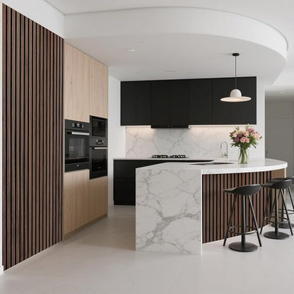 Art3d 2-Pack Acoustic Wood Slat Wall Panel with Roll-Flat Design - 95.3 x 23.8 Inch Sound Absorbing Panels for Living Room Columns Corridor Curved Wall Decor, Walnut