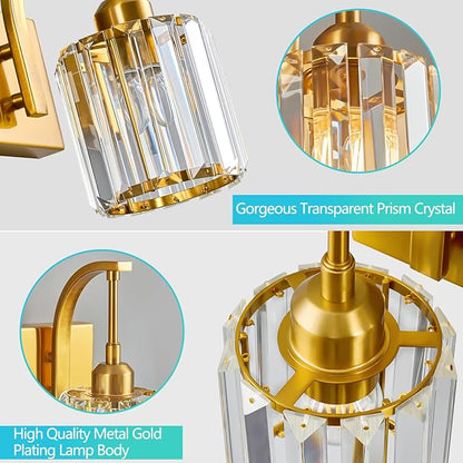 FDPBY Bathroom Crystal Vanity Lights 2-Light Gold Wall Lamp Modern Crystal Bathroom Light Fixtures Over Mirror 13.77" Long Wall Sconce