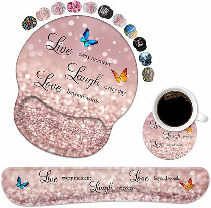 Keyboard Wrist Rest and Mouse Pad Wrist Support Set with Coasters, Non-Slip PU Base Ergonomic Gaming Mousepad for Home Office Working Studying Easy Typing & Pain Relief, Glitter Quote Live Laugh Love