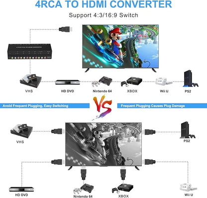 RuiPuo 4Port AV to HDMI Converter, 4Port AV to HDMI Switcher with IR Remote, Support 16:9/4:3 and Quick Switch Compatible with WII/N64/SNES/Xbox/PS1/PS2/PS3/VHS/VCR/DVD Players etc.(4AV In-1HDMI Out)