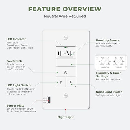 Akicon Humidity Sensor Switch with Motion-Activated Wall Plate, Bathroom Fan Timer Switch for Ventilation, Adjustable Humidity Settings, Fan and Light Control, ETL Listed, White