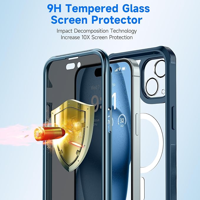 seacosmo for iPhone 15 Plus Case, Full Body Bumper with Built-in 9H Tempered Glass Privacy Screen Protector and Camera Lens Protector, Compatible with MagSafe, Shockproof Phone Cover, 6.7", Blue