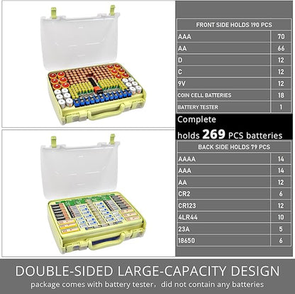 Aptbyte Battery Organizer Storage Holder Box Case with Tester- 269 Batteries Double-Sided Variety Pack, Holds AA AAA 4A C D Cell 9V 3V Lithium LR44 CR2 CR123 CR1632 18650 Button- Green (Box Only)